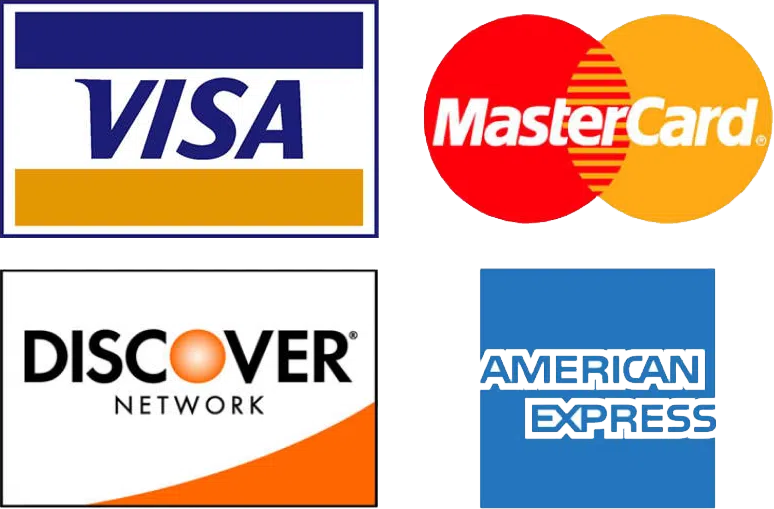 Four major credit card logos: Visa, MasterCard, Discover Network, and American Express.